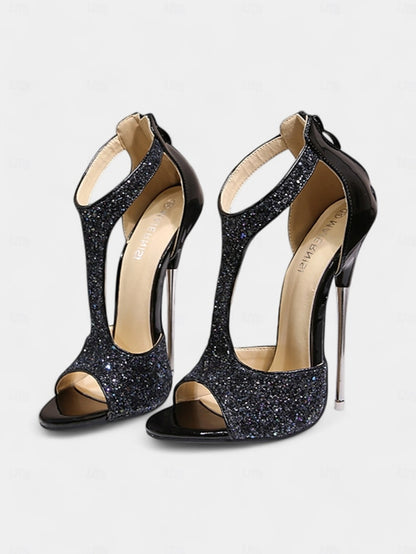Toe Design with Heels T-Strap Stiletto and Glitter for Open Gold