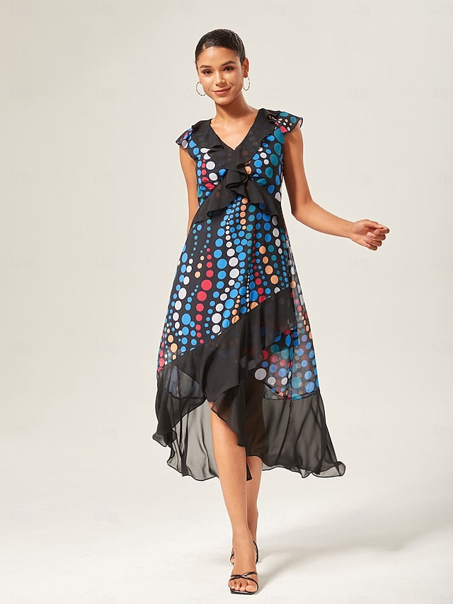 Colorblock Polka Dot Chiffon Ruffle Maxi Dress