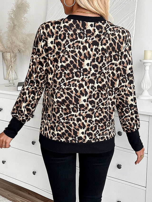 Women's T Shirt Tee Top Patchwork Leopard Plaid Elegant