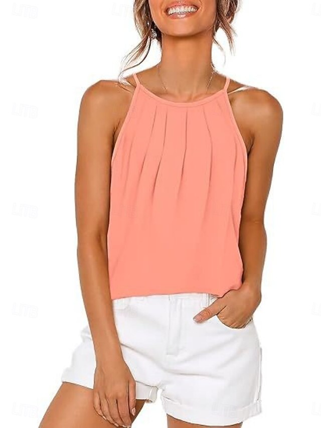 Women's Tank Top Sleeveless Shirt Tee Top Pleats Solid