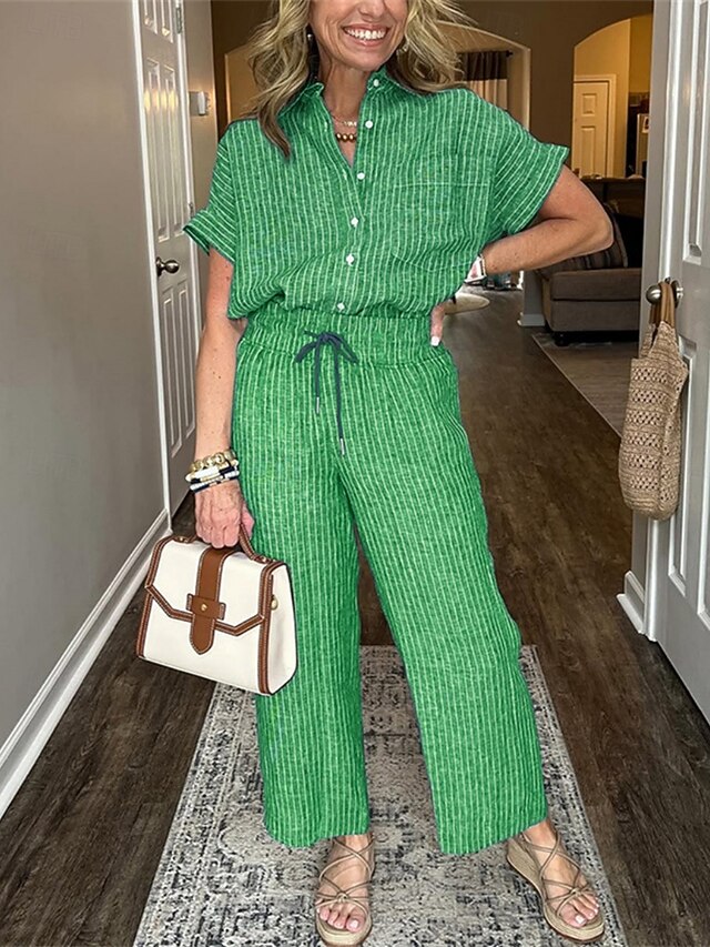 Women's Pants Sets Short Sleeve Shirt Collar Striped