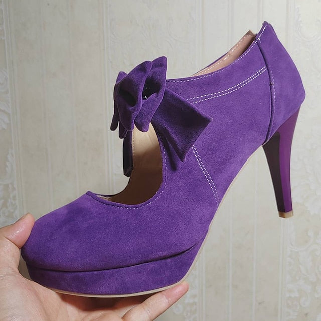 Women's High Suede Heel Red Platform Pumps Vintage – Bow