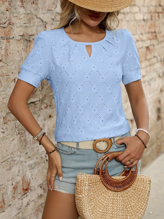 Fashion Shirt Plain T Tee Top Women's Eyelet Stylish