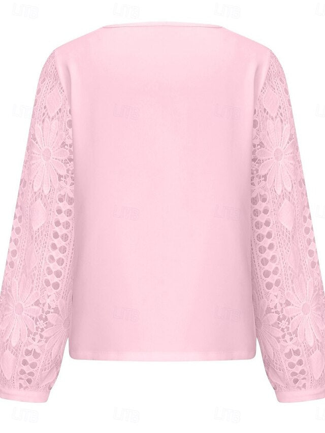 Women's White Elegant Lace Tops Eyelet Blouse Casual Solid