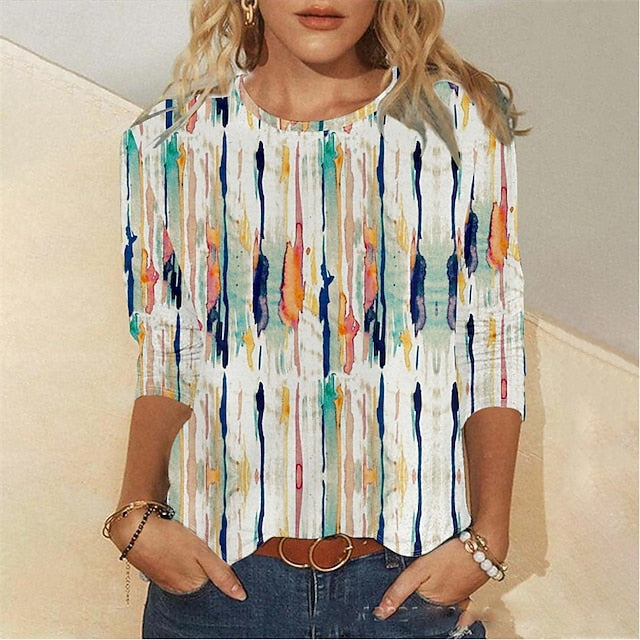 Women's T Shirt Color Block Casual 3/4 Length Sleeve Crew