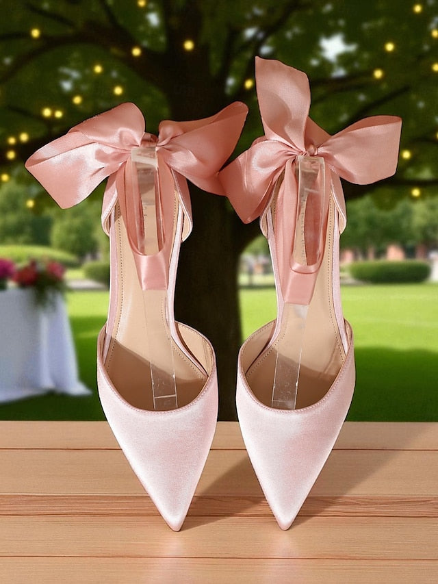 Women's Kitten Satin Pointed-Toe with Heel Shoes Ribbon