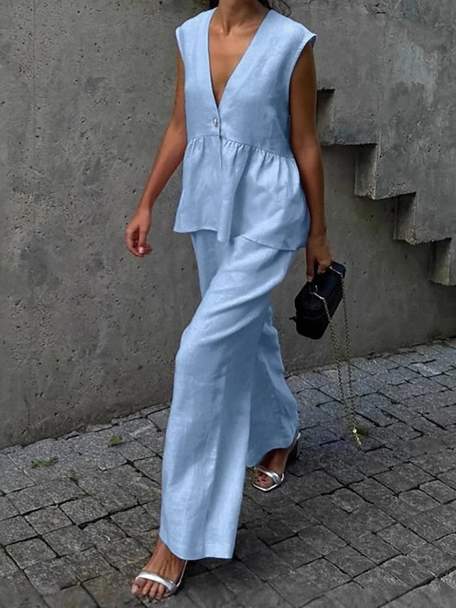 Women's Pants Sets Bolero Top Sleeveless V Neck Plain