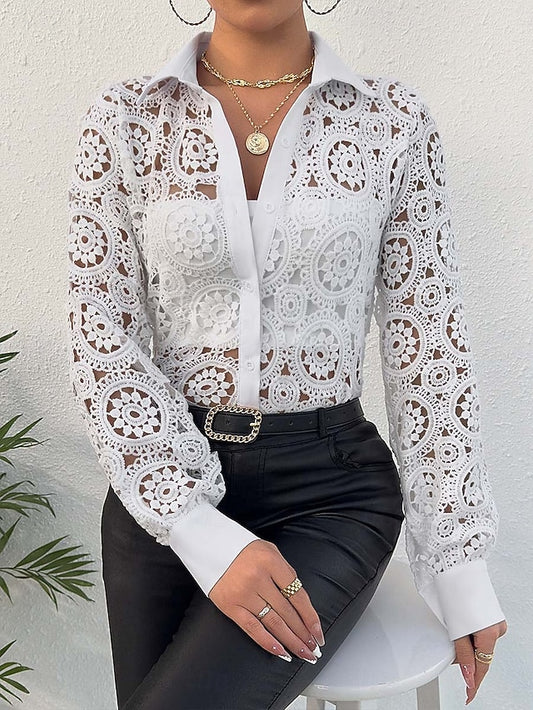 Women's Lace Splicing Top Elegant Long Sleeve V Neck