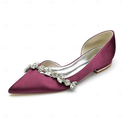 and Wedding Flat with Pointed Toe Shoes White Satin Crystal