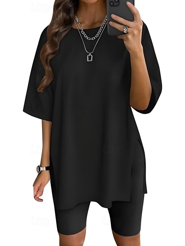 Women's T Shirt Side Split Solid Color Graphic Fashion