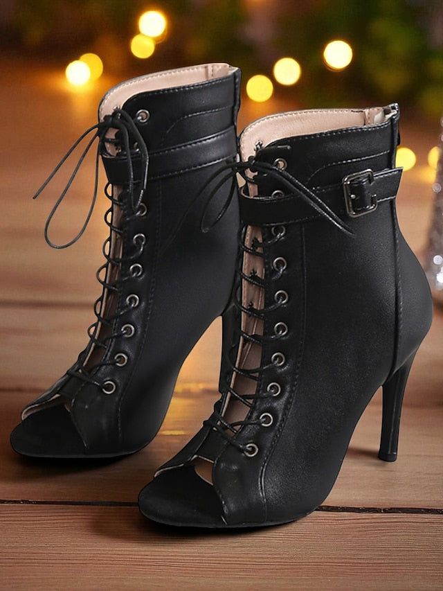 Booties High Black Heel Peep Toe - Stiletto Women's Lace-Up