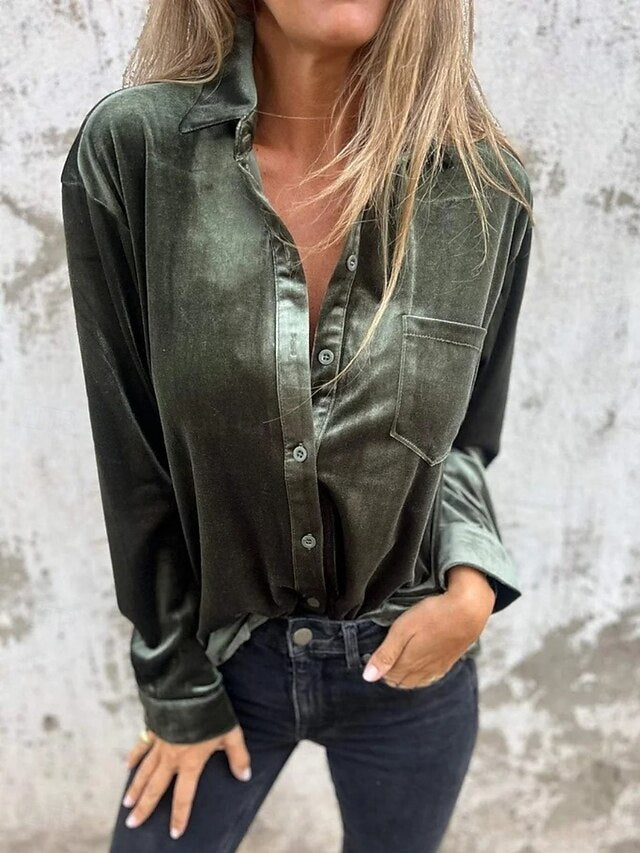 Women's Dress Shirt Button Up Shirt Blouse Velvet Blouse