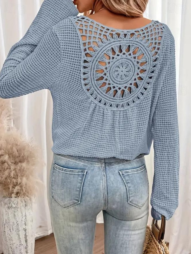 Women's Boho Shirt Blouse Eyelet Solid Color Plain Stylish
