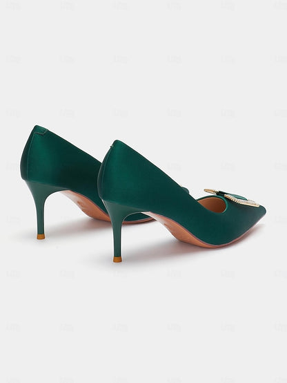 Satin Elegant for Rhinestone with Buckle Women: Green Pumps