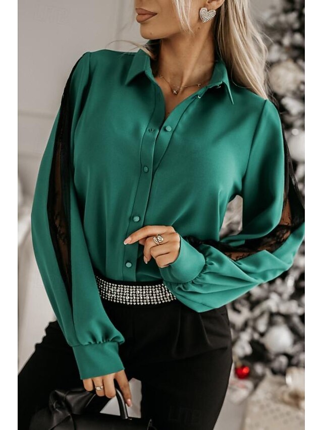 Shirt Lace Shirt Blouse Mesh Patchwork Top Women's Black