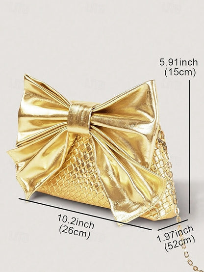 Leather Bow Faux Oversized with Clutch Bag Women's Gold