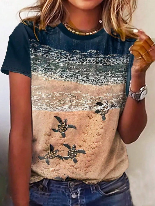 Women's T Shirt Print Ocean Casual Short Sleeve Round Neck