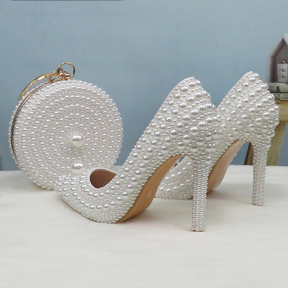 Pearl-Embellished Stiletto Purse Heels White and Round Set Pearl
