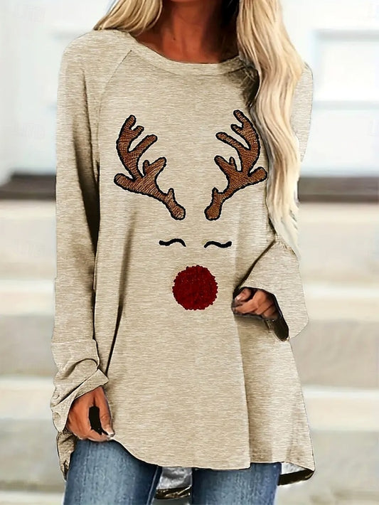 Women's T shirt Long Sleeve Tunic Top Reindeer Print Long