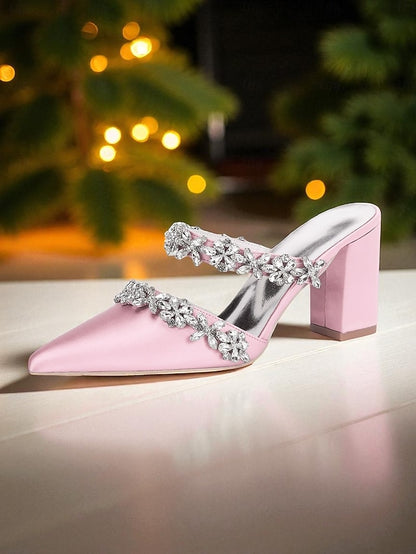 Black Satin Women's Rhinestone Mules Floral with Block Heel