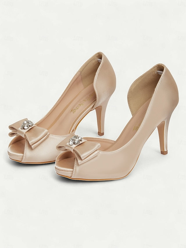 Peep and Heels Bow Women's Satin with Champagne Toe