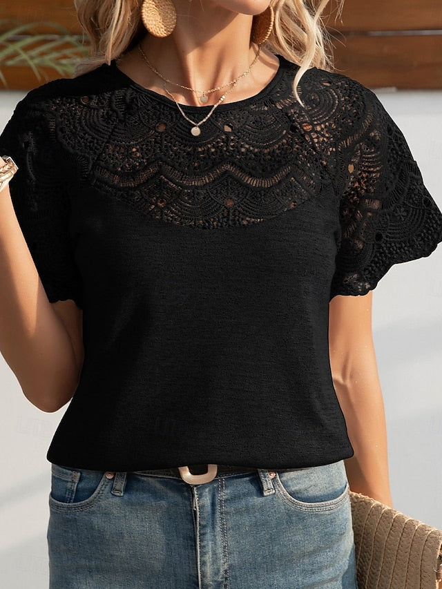 Women's Lace Tops Lace Patchwork Solid Color Stylish Casual
