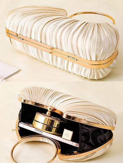 Gold Clutch Velvet Handle with Pleated - Elegant Ring Green