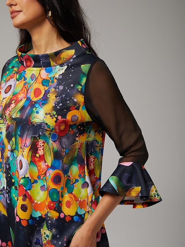 Women's Blouse Black Floral Print Stretch Chiffon Sleeves