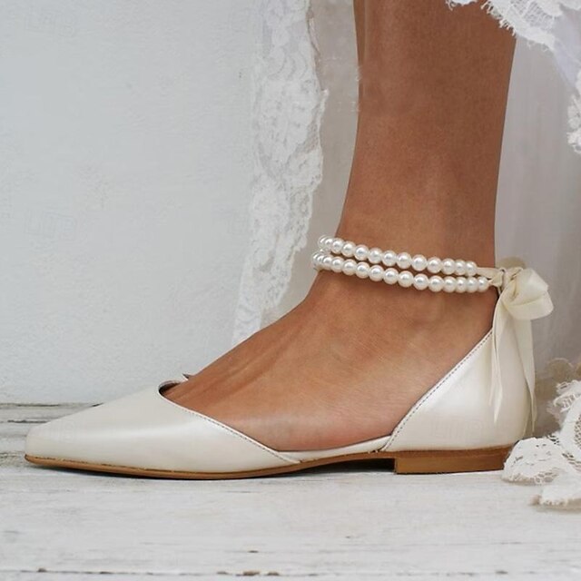 White Bridal Strap Elegant Flats Women's Pearl Ankle –