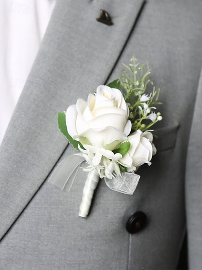 Set Corsage and Boutonniere – Wrist Elegant White Rose