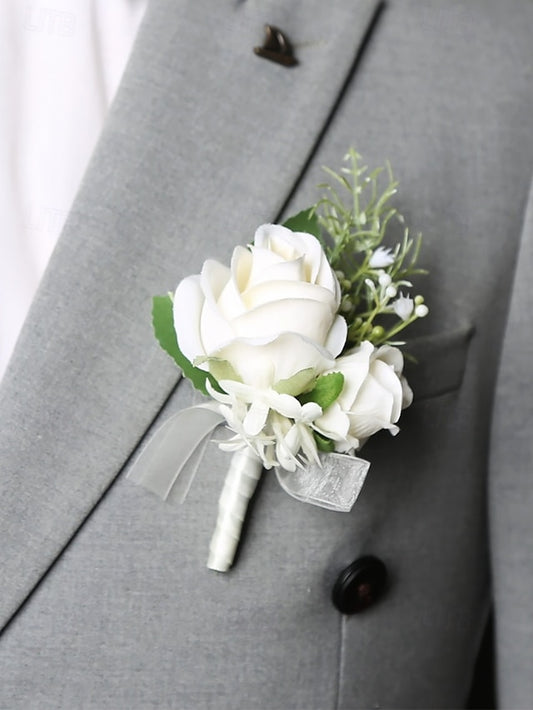 Set Corsage and Boutonniere – Wrist Elegant White Rose