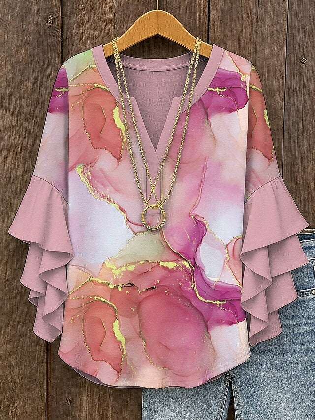 Women's Blouse V Neck Layered Ruffle Sleeve Tops Ombre