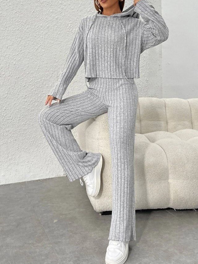 Women's Pants Sets Bolero Top Long Sleeve Hooded Solid