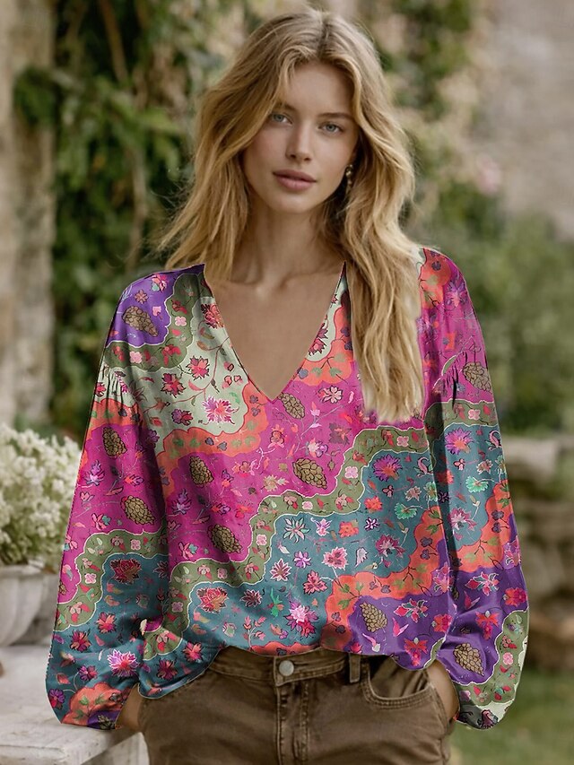 Women's Blouse Patchwork Buttons Print Graphic Geometric
