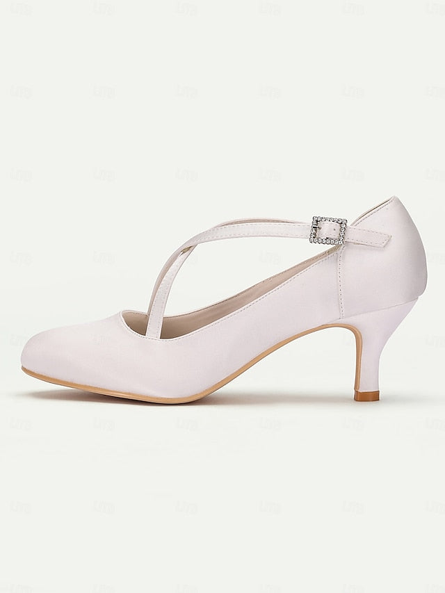 Cross-Strap Buckle Elegant – Satin Rhinestone with Heels White