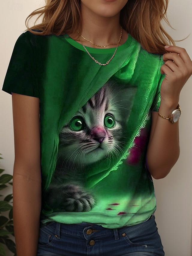 Women's T Shirt Print Graphic Animal Cat Vintage Stylish