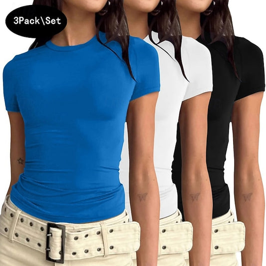 Multi Packs 3pcs Female Crew Neck Short Sleeve Black+white+grey