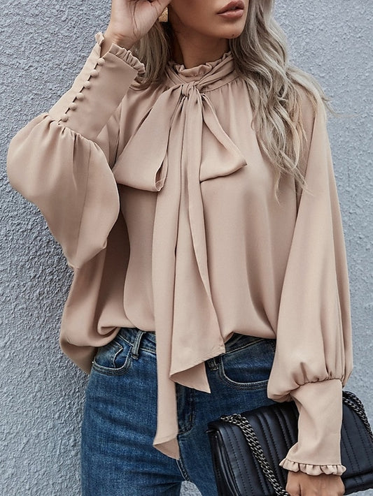 Women's Shirt Elegant Satin Top Blouse Lace up Buttons