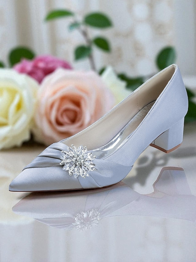 Women's with Crystal Low Block Heel Pumps White