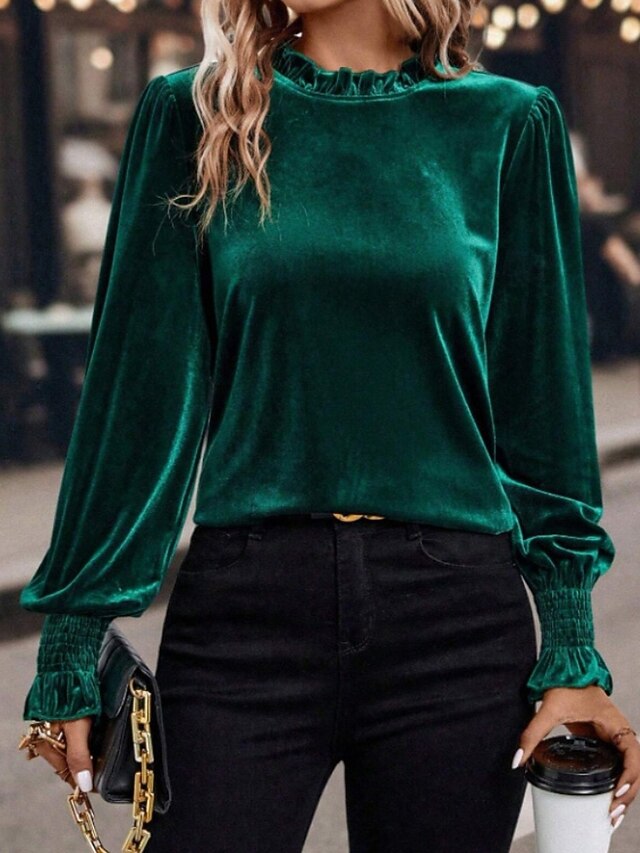 Women's Velvet Elegant Dressy Blouse Ruched Plain Vintage