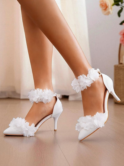 Pointed Floral Ankle Elegant - White Strap Women's Heels