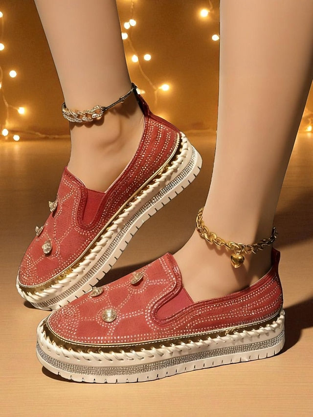 Slip-On Rhinestone Sneakers Platform Red Studs Women's with