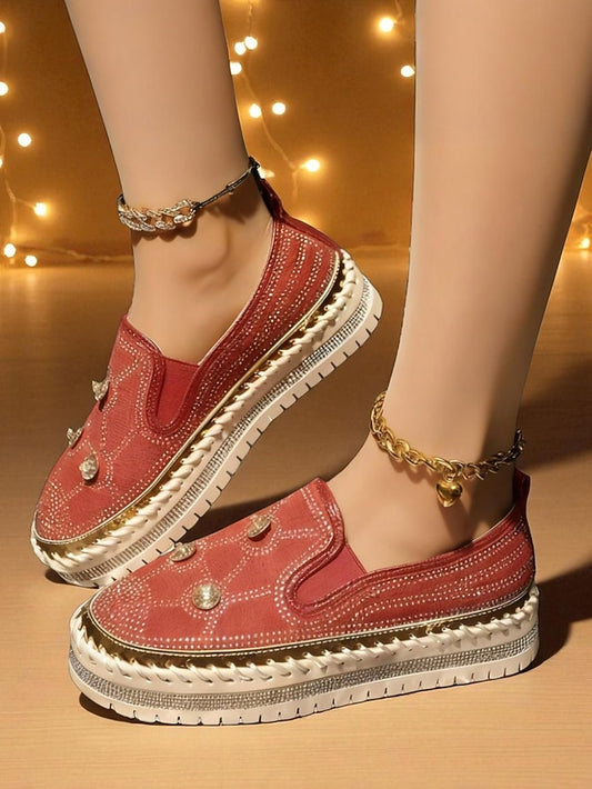 Slip-On Rhinestone Sneakers Platform Red Studs Women's with