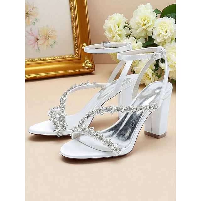 Rhinestone Women's Straps Block Heel - White Sandals with