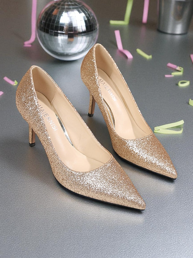 Gold Women's Pointed-Toe Pumps - Sparkly Glitter Stiletto