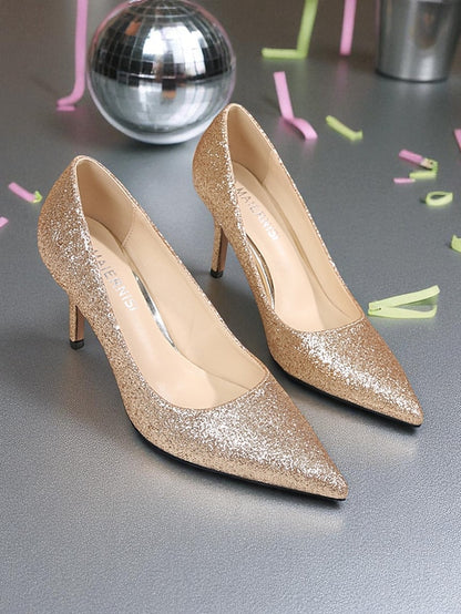 Gold Women's Pointed-Toe Pumps - Sparkly Glitter Stiletto
