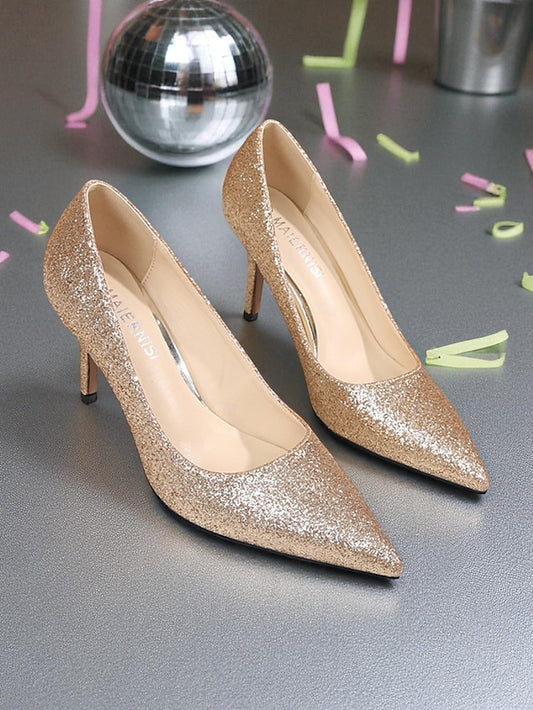 Gold Women's Pointed-Toe Pumps - Sparkly Glitter Stiletto