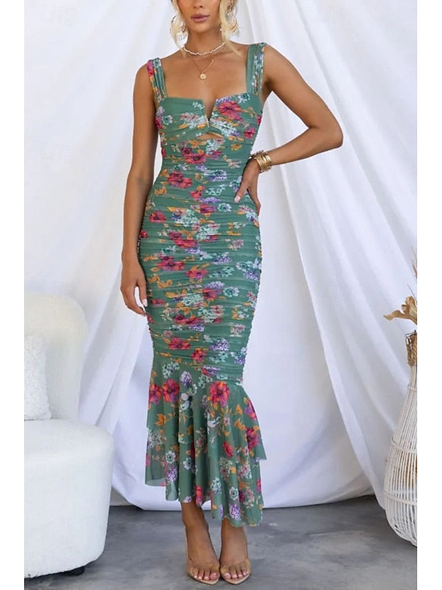 Women's Midi Dress Slip Dress Print Dress Ruched Dress