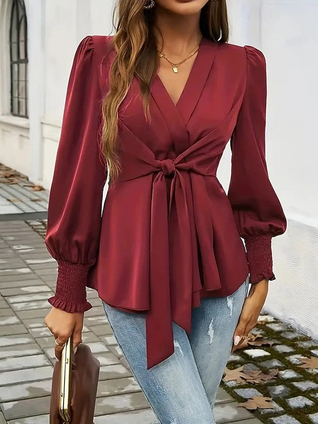 Women's Blouse Dressy Tops Ruched Lace up Tunic Solid Color