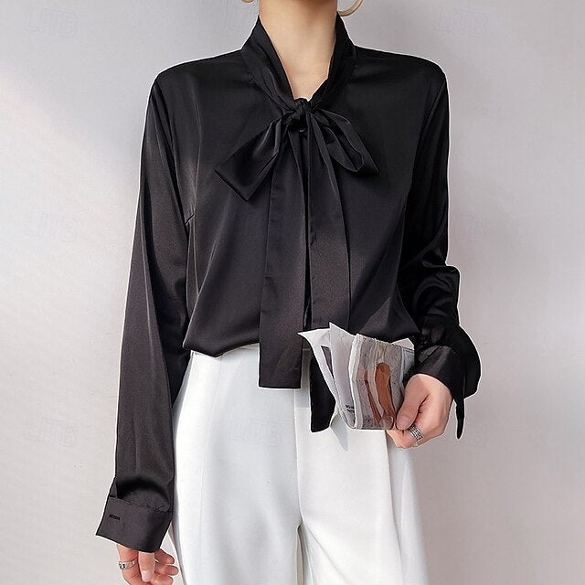 Satin Solid Women's Shirt Buttons Top Elegant Silk